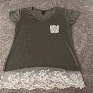 Olive green T-shirt with lace bottom.